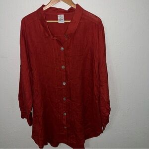 Match Point 100% Linen Rust Orange Colored Lagenlook Button Down Shirt Size 1X.